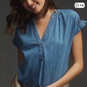 Anthropologie Pilcro Tatum Flutter Sleeve Henley Blue Denim Shirt, Size XSP